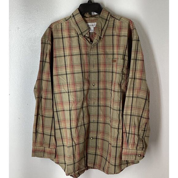 Carhartt Mens XLarge Faded Spell Out Collared Button Down Shirt Brown Plaid - Picture 1 of 10